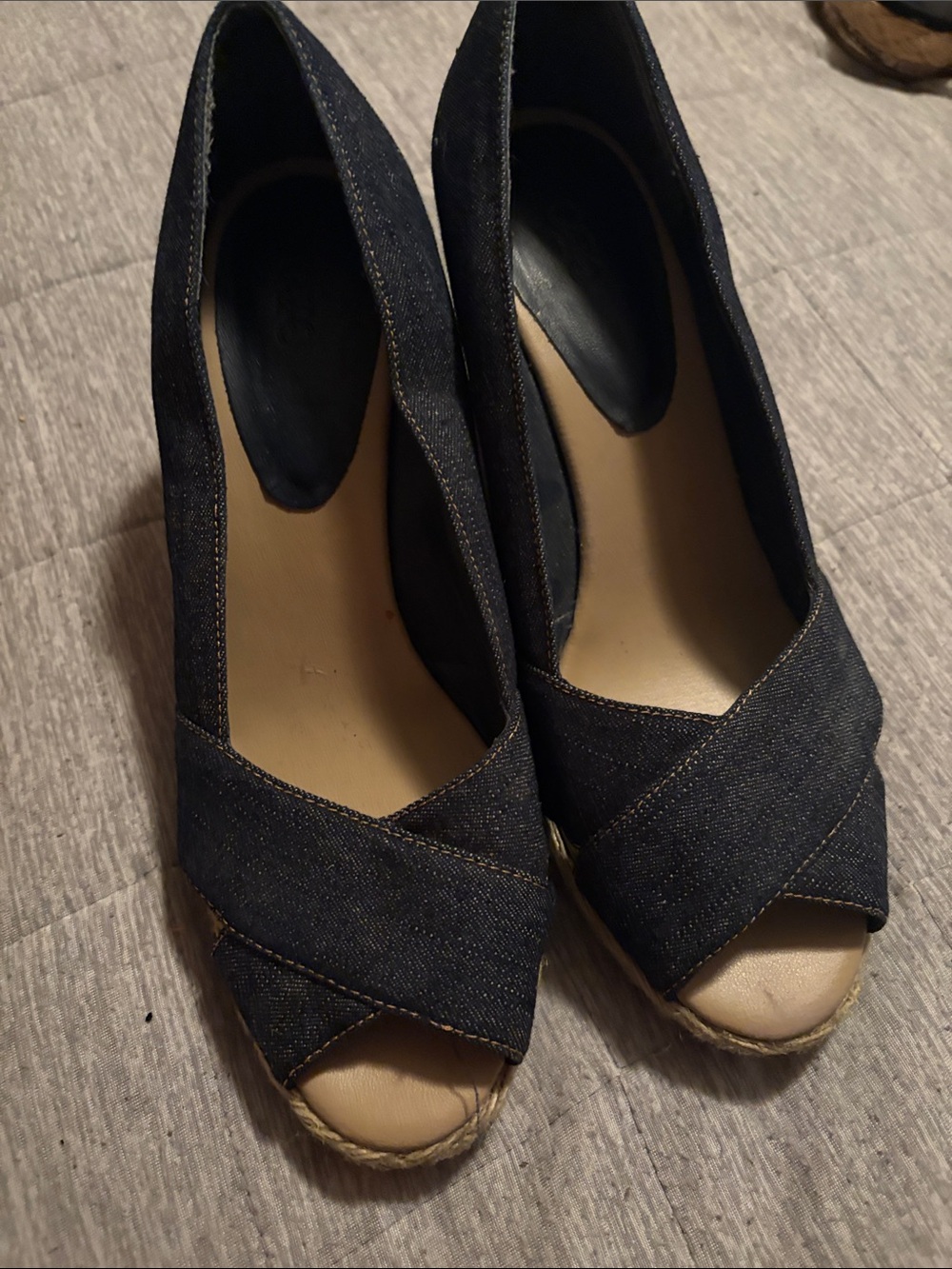 Cato Dark Denim Crisscross Peep-Toe Wedge Sandals
